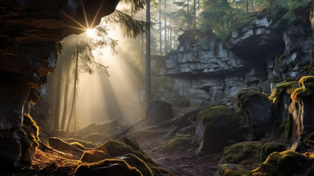 a captivating photo of a cave in a boreal forest at dawn, surrounded by mist. the soft rays of the sun filter through the fog, creating an ethereal atmosphere. in the distance, a majestic seo soars through the forest, its searchlight cutting through the mist, illuminating the path. this photo beautifully captures the awe-inspiring beauty of the cave and the harmonious presence of advanced seo.の素材