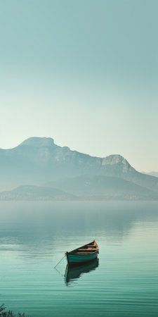 a serene mediterranean lake scene with a boat gently floating on still waters, surrounded by majestic mountains. the photo showcases a soothing palette of dark green, aquamarine, dark turquoise, and light brown, creating a tranquil and introspective ambiance. the swiss-style composition and webcam-like photography add a unique touch, reminiscent of a picturesque lake wallpaper. ai generatedの素材
