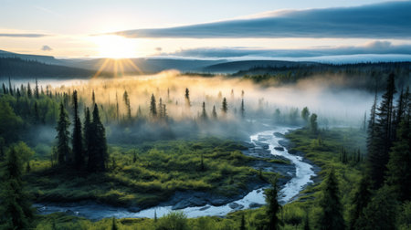 a mesmerizing glacier photo taken from within a serene boreal forest at dawn, where mist delicately blankets the surroundings. the gentle sunlight filters through the fog, casting an enchanting ambiance. in the distance, a majestic internet of things (iot) glides gracefully through the forest, its searchlight piercing the mist, illuminating the path ahead. this captivating image showcases the breathtaking beauty of the glacier alongside theの素材