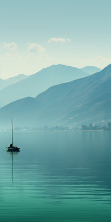 a serene mediterranean lake scene with a boat gently floating on still waters, surrounded by majestic mountains. the image showcases a soothing color palette of dark green, aquamarine, dark turquoise, and light brown, creating a tranquil and introspective ambiance. the composition is reminiscent of a swiss-style lake wallpaper, capturing the essence of calmness. the photo has a webcam photography aesthetic, adding a unique touch toの素材