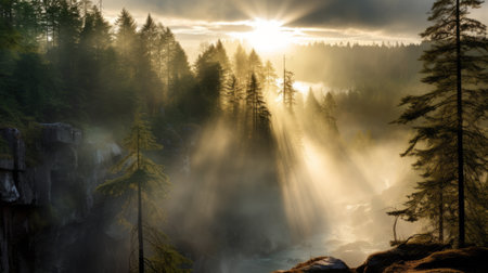 a misty dawn in a boreal forest reveals a breathtaking canyon view. soft rays of sunlight filter through the fog, creating an ethereal atmosphere. in the distance, a majestic web development glides through the forest, its searchlight cutting through the mist. this captivating photo showcases the awe-inspiring beauty of the canyon and the harmonious presence of advanced web development. ai generatedの素材