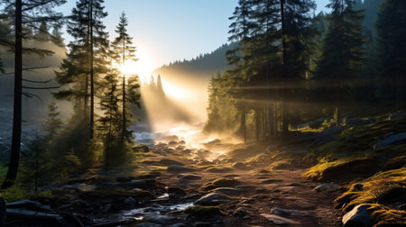 a mesmerizing dawn scene in a boreal forest, where mist surrounds a glacier. soft sun rays pierce through the fog, creating an ethereal ambiance. in the distance, an impressive internet of things (iot) device gracefully navigates the forest, its searchlight illuminating the path. this captivating photo showcases the beauty of the glacier and the harmonious presence of advanced iot technology. ai generatedの素材