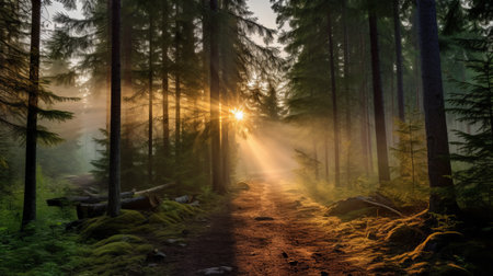 a breathtaking sunrise photo showcases a misty boreal forest at dawn, with soft rays of sunlight filtering through the fog. in the distance, a majestic digital marketing glides through the forest, its searchlight cutting through the mist. this captivating image captures the beauty of sunrise and the harmonious presence of advanced digital marketing. ai generatedの素材