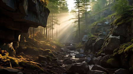 a captivating photo of a cave in a boreal forest at dawn, surrounded by mist. the soft rays of the sun filter through the fog, creating an ethereal atmosphere. in the distance, a powerful search engine optimization (seo) gracefully flies through the forest, its searchlight piercing through the mist. this photo beautifully captures the awe-inspiring beauty of the cave and the harmonious presence of advancedの素材