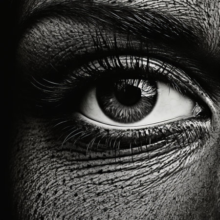 a close-up of an eye, captured in the style of dramatic black and white portraits. this national geographic photo showcases the presentation of the human form with dark and gritty undertones. the highly detailed illustrations and backlit photography create a figuratively textured image. ai generatedの素材