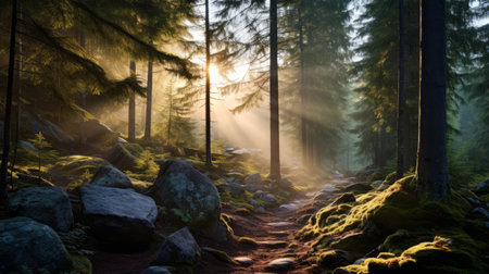 a misty dawn in a boreal forest reveals a captivating rock formation. soft rays of sunlight filter through the fog, creating an enchanting atmosphere. in the distance, a majestic seo soars through the trees, its searchlight cutting through the mist. this photo captures the awe-inspiring beauty of nature and the seamless integration of advanced seo techniques. ai generatedの素材