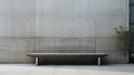 a white bench is positioned against a plain concrete wall, showcasing a dark silver and brown color scheme. the architectural focus of this shin hanga-inspired scene lies in the reinforced concrete construction, orderly symmetry, and minimalist abstracts created with wood elements. ai generatedの素材