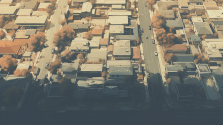 a flyover captures a suburban neighborhood with houses in the background. the photo showcases a vintage minimalistic style with light leaks, realistic detailing, and a color palette of light amber and gray. the streetscape and tumblewave elements add a commercial imagery touch to the overall composition. ai generatedの素材
