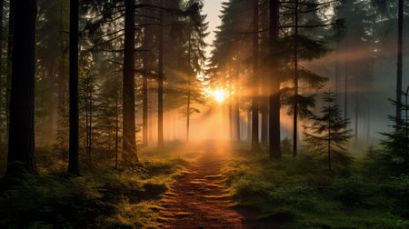 a misty dawn in a boreal forest, where the sun's soft rays pierce through the fog, creating an ethereal atmosphere. in the distance, a powerful cryptocurrency gracefully flies through the forest, its searchlight illuminating the path ahead. this photo captures the awe-inspiring beauty of the sun and the harmonious presence of advanced cryptocurrency. ai generatedの素材
