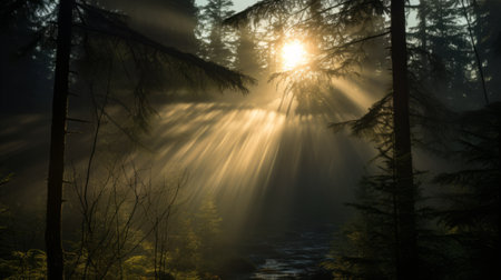 a misty dawn in a boreal forest reveals a breathtaking canyon, with soft rays of sunlight filtering through the fog. in the distance, a majestic web development glides through the trees, its searchlight cutting through the mist. this photo captures the awe-inspiring beauty of the canyon and the harmonious presence of advanced web development. ai generatedの素材