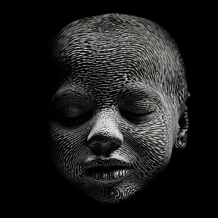 a black and white photograph of a child with closed eyes, showcasing an afrofuturism-inspired optical illusion body art. the image features intricate hatching techniques reminiscent of benin art, captured through webcam photography and photobashing. the realistic human figures add depth and dimension to this captivating piece. ai generatedの素材