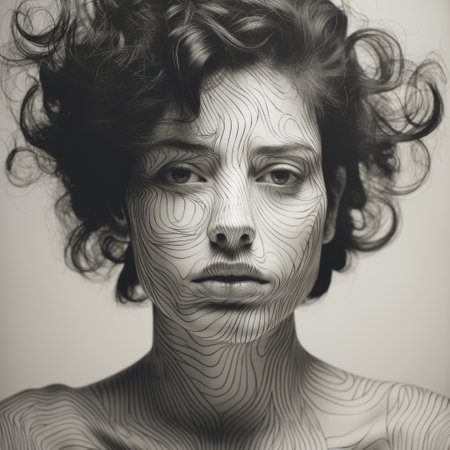 a woman with bold, cartoonish face tattoo lines resembling topographic photography. the intricate lines create swirling vortexes, reminiscent of the styles of artists guillem h. pongiluppi, lawren harris, and serge marshennikov. ai generatedの素材