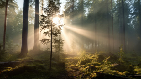 a breathtaking cloud photo taken from within a serene boreal forest at dawn, where mist blankets the surroundings. the gentle sunlight filters through the fog, casting an otherworldly ambiance. in the distance, a majestic quantum computing glides through the forest, its searchlight cutting through the mist, guiding the way. this captivating image showcases the captivating blend of natural beauty and advanced technology. ai generatedの素材