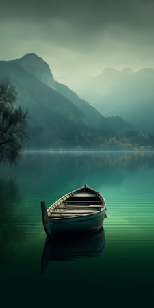 a serene mediterranean lake scene with a boat peacefully floating on the calm waters. the picturesque view is enhanced by the surrounding mountains, creating a tranquil atmosphere. the color palette of dark green, aquamarine, dark turquoise, and light brown adds to the soothing and introspective aesthetic. this swiss-style composition, reminiscent of a lake wallpaper, was captured with a webcam-like photography technique. ai generatedの素材