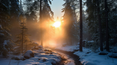 a snow photo taken from inside a boreal forest at dawn, with mist surrounding the area. the soft rays of the sun shine through the fog, creating an ethereal atmosphere. in the distance, a large digital marketing gracefully flies through the forest, its powerful searchlight piercing through the mist, illuminating the path ahead. the photo captures the beauty of snow and the presence of advancedの素材
