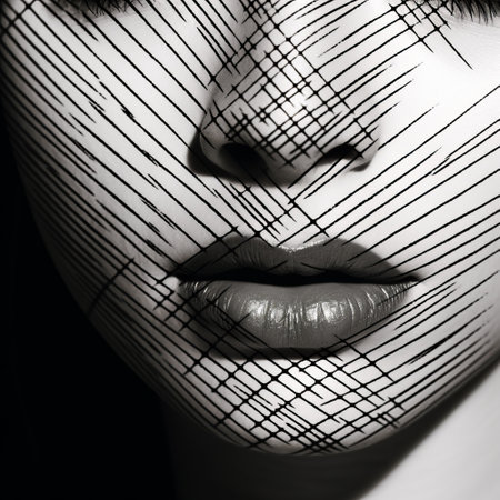 a close-up black and white portrait painting of a woman with a red line, showcasing the style of technological art. the artwork features linear patterns and a photo-realistic composition, with a matte photo finish. the painting incorporates elements of kintsugi, grid-based design, and a strong facial expression. ai generatedの素材