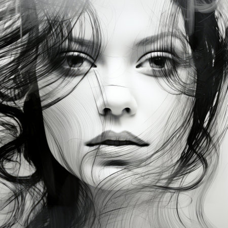 a black and white portrait of a beautiful woman in the water, featuring a realistic hyper-detailed rendering. the image showcases abstract lines, transparency, and a mix of realistic and fantastical elements. the elegant and emotive faces are captured using a long lens, resulting in unpredictable lines. ai generatedの素材