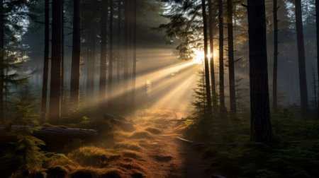 an ethereal dawn scene in a boreal forest, with mist enveloping the surroundings and soft rays of sun shining through. in the distance, a powerful 3d printing gracefully flies through the forest, its searchlight piercing through the mist. this photo captures the awe-inspiring beauty of the ocean and the harmonious presence of advanced 3d printing. ai generatedの素材