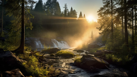 a breathtaking photo of a waterfall in a boreal forest at dawn, surrounded by mist. the soft rays of the sun filter through the fog, creating a magical atmosphere. in the distance, a majestic natural language processing soars through the forest, its searchlight cutting through the mist. this photo captures the awe-inspiring beauty of the waterfall and the harmonious presence of advanced natural language processing.の素材