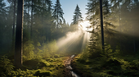 a rain photo taken from inside a boreal forest at dawn, showcasing misty surroundings. the soft rays of the sun filter through the fog, creating an ethereal atmosphere. in the distance, a large virtual reality device gracefully flies through the forest, its powerful searchlight piercing the mist and illuminating the path ahead. this photo captures the awe-inspiring beauty of rain and the harmonious presence ofの素材