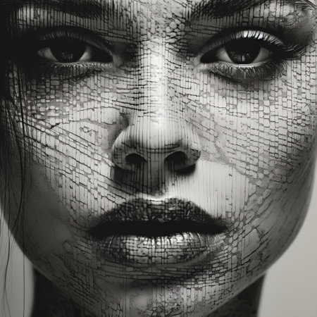 a black and white photograph captures a woman's face adorned with graffiti, reminiscent of the artistic style of christoffer relander. the image showcases layered lines and intricate weaving, resembling the hyper-detailed portraits created using daz3d software. the technique of focus stacking enhances the realistic quality of the portrait, while the use of liquid metal adds a unique touch to the overall composition. ai generatedの素材