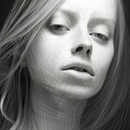 a vector portrait art of dr. jayne, created by jayne vdw images and photography, showcases a unique style of grid formations. this detailed monochrome artwork, crafted using zbrush, exhibits hyperrealism with an impressive 8k resolution. the composition cleverly juxtaposes hard and soft lines, resulting in a captivating visual experience. created with the help of daz3d, this vector portrait art is a true masterpiece. ai generatedの素材