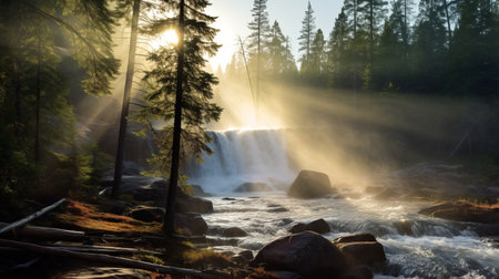 a breathtaking waterfall in a serene boreal forest at dawn, surrounded by mist. soft rays of sunlight filter through the fog, creating an enchanting atmosphere. in the distance, a majestic natural language processing soars through the forest, its searchlight cutting through the mist. this photo captures the awe-inspiring beauty of the waterfall and the harmonious presence of advanced nlp technology. ai generatedの素材