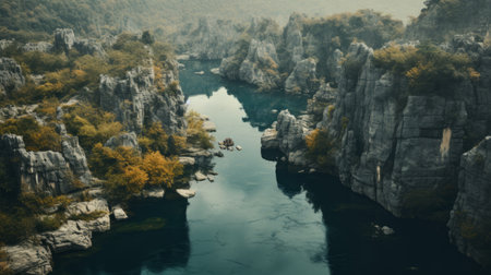 cliffs overlooking a river with trees in view, showcasing a futuristic landscape. this stunning photo, processed with darktable, captures the essence of a national geographic-worthy scene. taken by the talented photographer dino valls, it beautifully combines elements of chinese tradition with a touch of adventure. the dark turquoise and light gray tones add depth and intrigue to this captivating image. ai generatedの素材