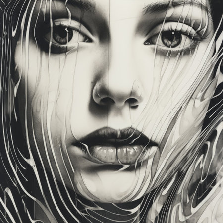 a black and white portrait of a woman from the internet, reminiscent of martine johanna's style. the close-up intensity captures the viewer's attention, while the fluid lines and shapes add a sense of movement. the hyper-realistic water appears to be pulled, scraped, and scratched, creating a unique texture. this precisionist art is digitally enhanced, adding an extra layer of depth to the image. ai generatedの素材