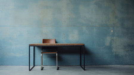 a room featuring a blue wall and desk, accompanied by a black chair. the room has a patinated and oxidized style, with darktable processing enhancing the overall aesthetic. the use of leatherhide and neo-concrete elements adds a unique touch. the photo, taken with a nikon d750, showcases minimal lines and incorporates traditional japanese artistic techniques. ai generatedの素材