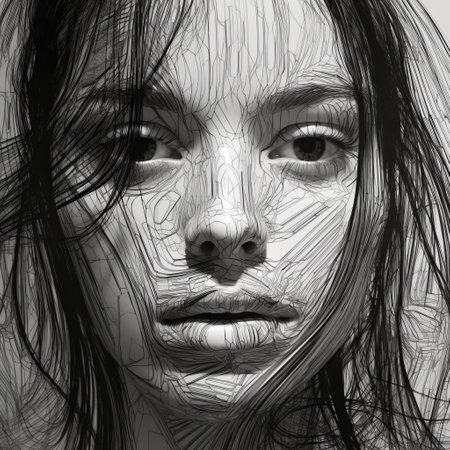 a hyper-detailed black and white portrait drawing of a woman with long hair and a thin face. the drawing showcases a strong facial expression and is created in a style that incorporates textured surface layers and distorted reality. made using wire and the software zbrush, this artwork captures the essence of realistic and intense portraits. ai generatedの素材