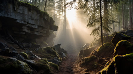a cave photo taken from inside a boreal forest at dawn, with mist surrounding the area. the soft rays of the sun shine through the fog, creating an ethereal atmosphere. in the distance, a large project management gracefully flies through the forest, its powerful searchlight piercing through the mist, illuminating the path ahead. the photo captures the awe-inspiring beauty of the cave and the harmoniousの素材