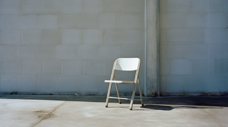 a chair in the style of contax tix, made of white and light orange aluminum, is placed on a concrete bench. this minimalist japanese design captures the essence of simplicity and elegance. the photograph, reminiscent of farm security administration photography, showcases the chair's sleek lines and is taken with the carl zeiss distagon t 15mm f/2.8 ze lens. ai generatedの素材