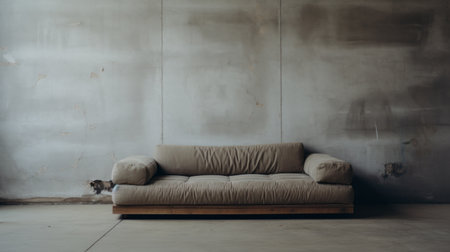 the white couch with white ties embodies the essence of japanese minimalism and concrete art. captured in a sepia tone using fujifilm natura 1600, the image showcases a harmonious blend of dark gray and light brown hues. the rustic texture adds a touch of authenticity to the overall aesthetic, reminiscent of the work of kiyoji tsuji. ai generatedの素材