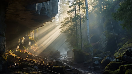 a cave photo taken from inside a boreal forest at dawn, with mist surrounding the area. the soft rays of the sun shine through the fog, creating an ethereal atmosphere. in the distance, a large project management gracefully flies through the forest, its powerful searchlight piercing through the mist, illuminating the path ahead. the photo captures the awe-inspiring beauty of the cave and the harmoniousの素材