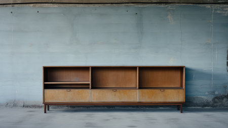 a photo of the 1950s sideboard "elise anderson" by johann savintti in sweden. this sideboard, inspired by abandoned spaces, features a light brown and sky-blue color scheme against sparse backgrounds. the high-quality photo captures the ultrafine details of the piece, reminiscent of tadao ando's minimalist style. ai generatedの素材