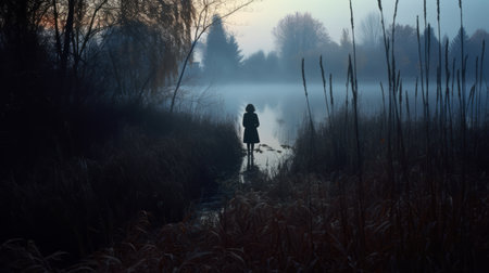 a mysterious karen walks through autumn grass on a cold morning, captured in a river instamatic lo-fi photo. the image showcases a distant river, silhouettes of tall trees, and a thick fog enveloping the scene. the cold blue tones add to the atmospheric ambiance of the photograph. ai generatedの素材