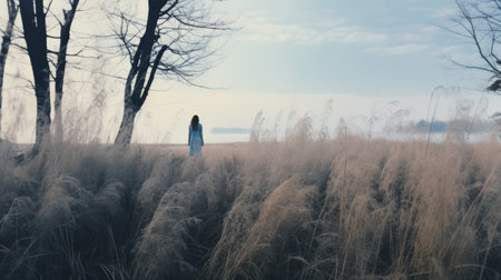mysterious jessica walks through autumn grass on a cold morning, captured in a lo-fi, reef instamatic photo. the distant reef and silhouettes of tall trees create a captivating scene, enveloped in fog and adorned with cold blue tones. ai generatedの素材