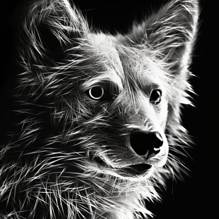a black and white dog portrait stock illustration featuring a solarization effect. this artwork by noriyoshi ohrai showcases contrasting lights and darks, creating a sharp and prickly aesthetic. the photorealistic wildlife art incorporates geometric animal figures with a loose paint application. ai generatedの素材