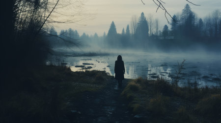 a mysterious karen walks through autumn grass on a cold morning, captured in a river instamatic lo-fi photo. the image showcases a distant river, silhouettes of tall trees, and a thick fog enveloping the scene. the cold blue tones add to the atmospheric ambiance of the photograph. ai generatedの素材