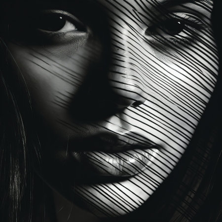 abstract face with light reflection in a black and white photo, featuring layered lines and densely patterned imagery. this abstract photo captures the essence of artists like kerem beyit, lee bogle, and guillem h. pongiluppi, reminiscent of strip painting and poster art. ai generatedの素材