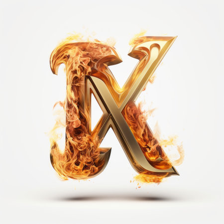 a flamelit letter x, engulfed in burning flames and fire, is showcased in this hyperrealistic fantasy artwork by pieter nason. the letter is surrounded by a white border, adding contrast and emphasis. the gold accents and nonobjective gestural marks enhance the medieval aesthetic, while the bold lettering makes it perfect for a website or any related project. ai generatedの素材