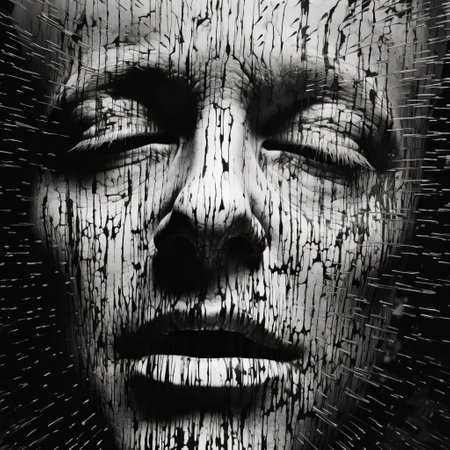 john burns' art exhibition showcases a captivating portrait, reminiscent of antonio mora's style. this piece combines the pointillist technique with small brush marks, drawing inspiration from traditional african art. crafted using liquid metal, the artwork exudes intense emotional expression. the grungy texture and high level of detail further enhance its visual impact. ai generatedの素材