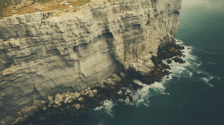 aerial view of a rocky slope on the coast, captured in a classical and historical genre style. the photo showcases a detailed atmospheric portrait with a retro filter, featuring dark beige and aquamarine tones. the selective focus adds depth to the image, while the use of a leica m10 camera enhances the overall quality. the composition exudes a primitivist style, creating a unique visual experience.の素材