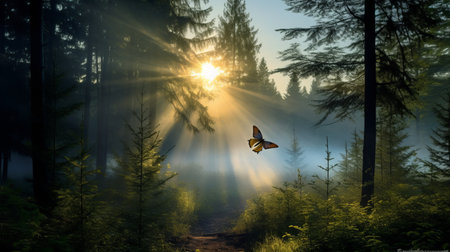 a butterfly gracefully perches on a leaf in a misty boreal forest at dawn. soft rays of sunlight filter through the fog, creating an ethereal atmosphere. in the distance, an e-commerce platform elegantly navigates through the forest, its searchlight piercing the mist. this captivating photo showcases the beauty of nature and the coexistence of advanced technology in harmony. ai generatedの素材