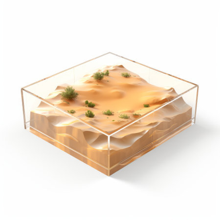a plastic square stands alone in the vast desert, captured by mlg london. this photograph showcases isolated landscapes and perspective rendering, with a transparent-translucent medium. influenced by kintsugi, industrial and product design, as well as persian miniature art, it evokes a sense of mystery and intrigue, like a tumblewave in the desert. ai generatedの素材