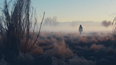 a mysterious david walks through the autumn grass on a cold morning in a desert, captured in a lo-fi, instamatic photo. the image showcases a distant desert landscape with tall tree silhouettes and a thick fog, creating a cold and atmospheric ambiance. the photo is characterized by its cold blue tones. ai generatedの素材