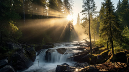 a breathtaking photo of a waterfall in a boreal forest at dawn, surrounded by mist. the soft rays of the sun filter through the fog, creating a magical atmosphere. in the distance, a majestic natural language processing soars through the forest, its searchlight cutting through the mist. this photo captures the awe-inspiring beauty of the waterfall and the harmonious presence of advanced natural language processing.の素材