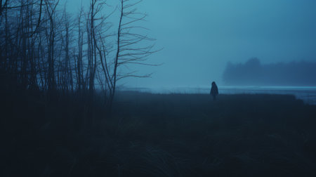 mysterious jessica walks through autumn grass on a cold morning, captured in a lo-fi, reef instamatic photo. the distant reef and silhouettes of tall trees create a captivating scene, enhanced by the presence of fog and cold blue tones. ai generatedの素材