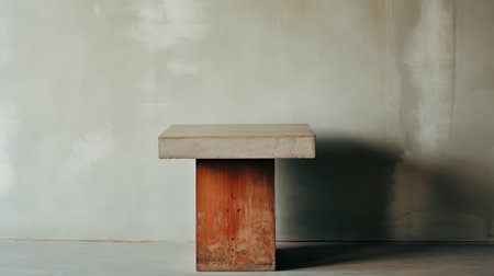 an old wooden table in a dark room, showcasing the neo-concretism style with light orange and light maroon tones. the table embodies elements of concrete brutalism and minimalist sculptor influences, reminiscent of minimalistic japanese design. the room's raw textures and quadratura technique add depth to the overall aesthetic. ai generatedの素材